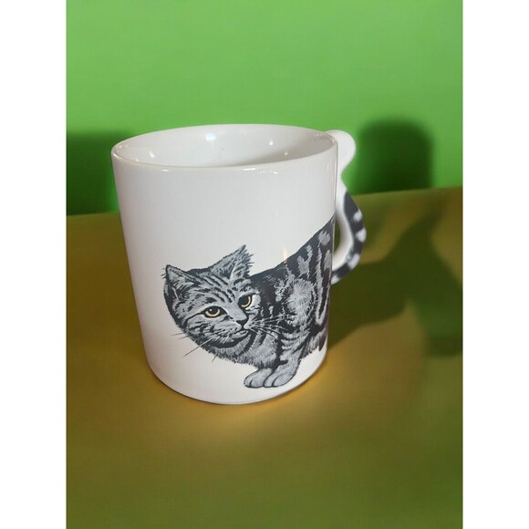 Kitty Cat Tail Handle Coffee Cup Mug Gray Striped Kitten Vintage Retro Cute Rare - Picture 2 of 6